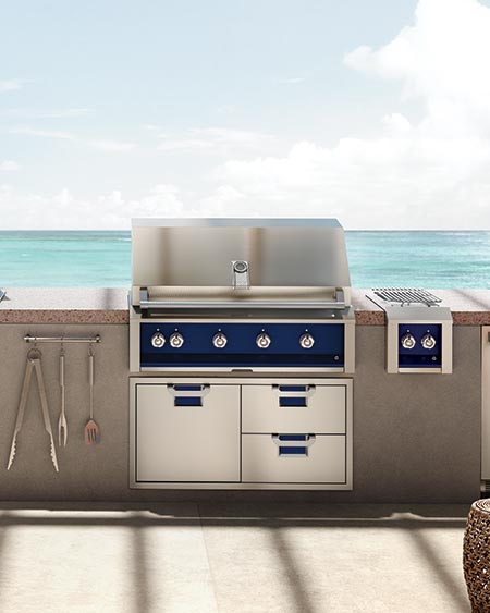Hestan Aspire outdoor kitchen near the ocean with outdoor cabinet