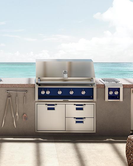 Hestan Aspire outdoor kitchen near the ocean with outdoor cabinet 