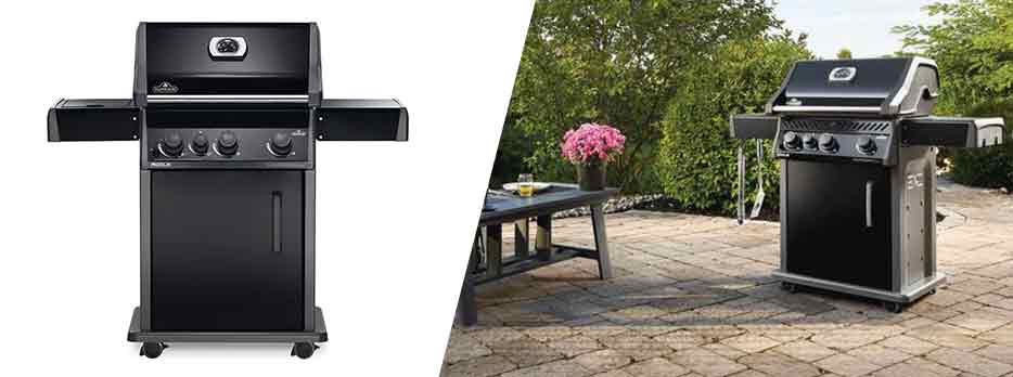 Napoleon Rogue Series Grills side by side hero image with a lifestyle of the grill outside on a patio