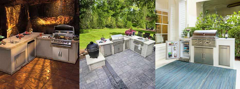 Different styles of outdoor kitchens with shapes and styles: linear, U-shape, and L-Shape